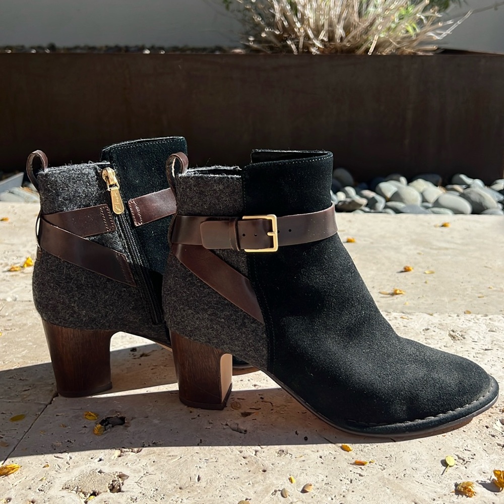 Clarks suede, leather and flannel zip-up booties.